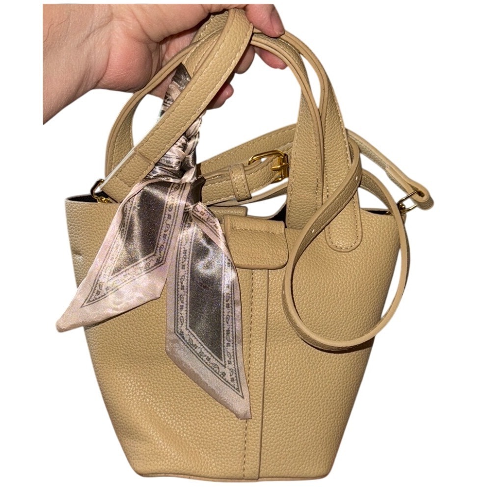 Korean Satchel‎ Bucket Bag Tan Beige Purse Handbag Crossbody Scarf Accent